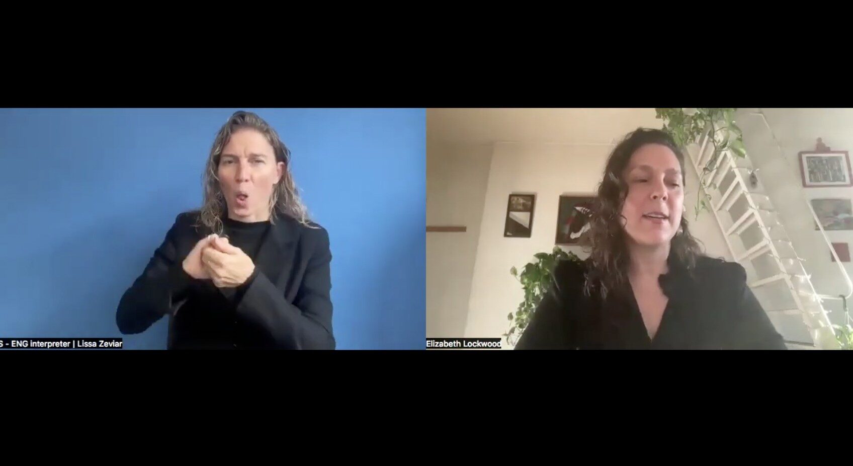 Screenshot from the webinar of a Sign Language Interpreter and  Elizabeth Lockwood from CBM Global