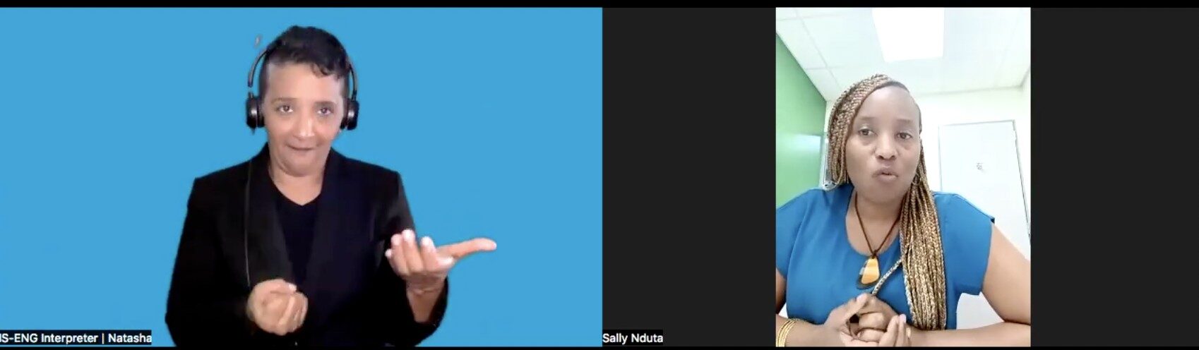 Screenshot of webinar featuring Sign Language Interpreter and Sally Nduta from UDPK